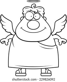 A happy cartoon angel with wings and a halo.