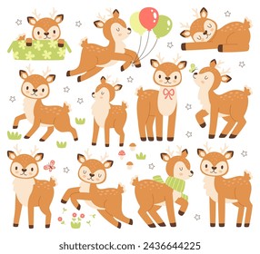 Happy cartoon animal character cute little baby deer with spots pattern on back isolated set on. Funny bambi kid sleeping, playing, jumping from gift box, running with balloons vector illustration