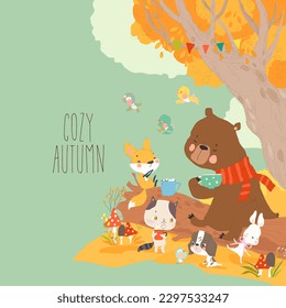 Happy Cartoon Animals drinking Tea in Autumn Forest
