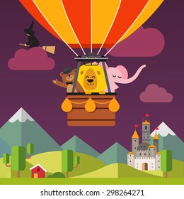 Happy cartoon animals flying on hot air balloon above scenic evening fantasy landscape. Bear in the hat, lion and elephant. Flat vector cartoon background illustration.