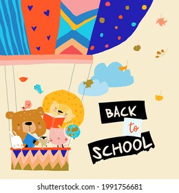 Happy Cartoon Animals flying to the School by Air Balloon