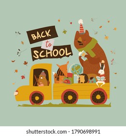 Happy cartoon animals going to the school by car