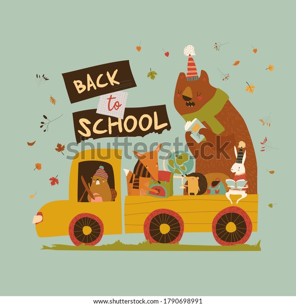 Happy cartoon\
animals going to the school by\
car