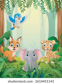 Happy cartoon animals in a lush forest