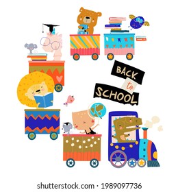 Happy Cartoon Animals riding to the School by Train