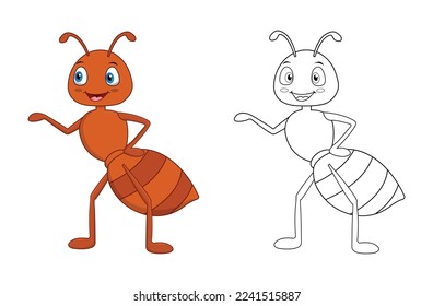 Happy cartoon ant with line art, ant sketch color less page isolated on white background.