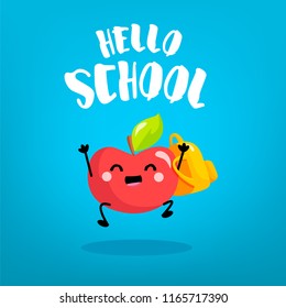 Happy cartoon apple schoolboy with backpack on blue background. Back to school card. Vector.