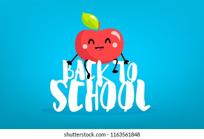 Happy cartoon apple sitting on the letters. Back to school card. Vector.