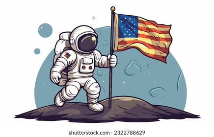 Un feliz astronauta de dibujos animados flotando fuera de la estación espacial, sosteniendo una bandera