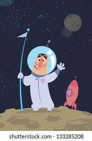 Happy cartoon astronaut landed on planet with his rocket, placing flag in the ground