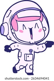 happy cartoon astronaut pointing in bright neon colors
