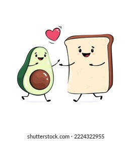 Happy cartoon avocado and a toast running to hug each other, cute character drawing, love illustration