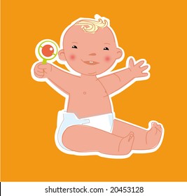 happy cartoon baby 7-8 month holding toy and smiling, vector sticker