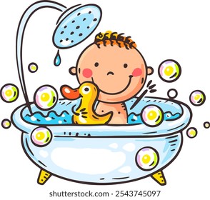 Happy cartoon baby in a bath, little child bathing in a bath tub. Isolated illustration