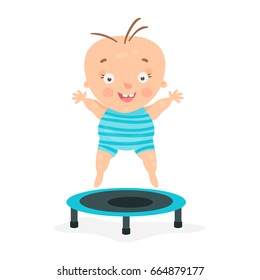 Happy cartoon baby boy jumping on a trampoline. colorful character vector Illustration
