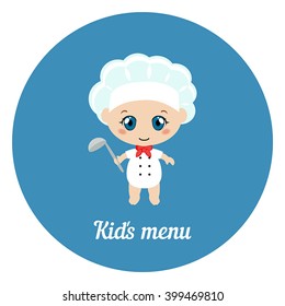 Happy cartoon baby chef with scoop on blue background.