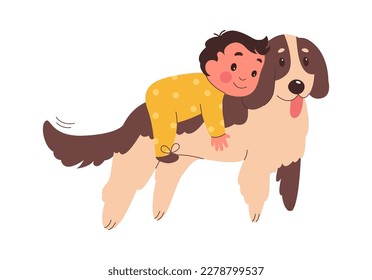 Happy cartoon baby cuddle dog flat icon. Vector illustration