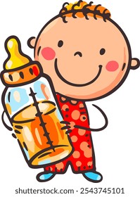 Happy cartoon baby holding bottle with pacifier, isolated illustration