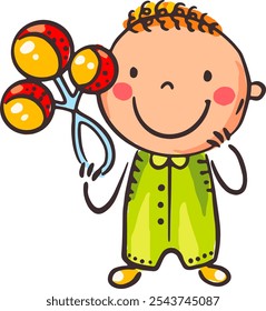 Feliz desenho animado bebê segurando um chocalho, bebê brincando com brinquedo, ilustração isolada