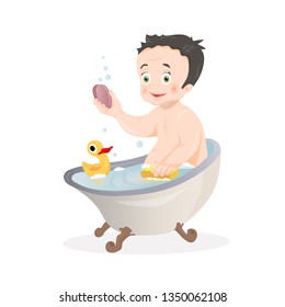 Happy cartoon baby kid having bath in a bathtub holding soap and a washcloth