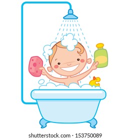 Happy cartoon baby kid having bath in a bathtub holding shampoo bottle, scrubber and rubber duck toy