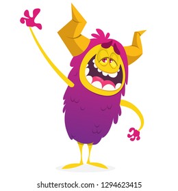 Happy cartoon baby monster. Halloween vector pink and horned monster. 