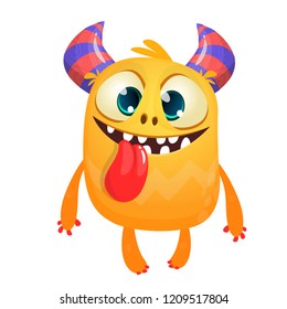 Happy cartoon baby monster showing long tongue. Halloween vector orange and horned monster. 