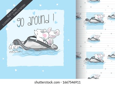 Happy cartoon baby mouse surfing  with seamless pattern