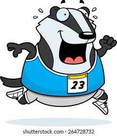 A happy cartoon badger running in a race.