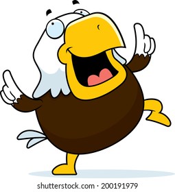 A happy cartoon bald eagle dancing and smiling.