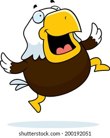 A happy cartoon bald eagle jumping and smiling.