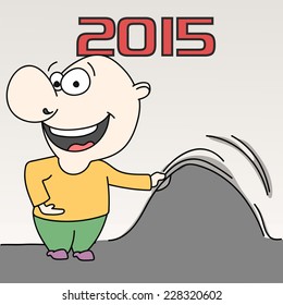 Homem calvo desenhos animados feliz comemorando o Ano Novo 2015 no fundo cinza.