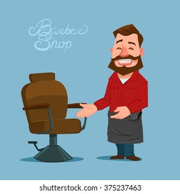 happy cartoon barber, barbershop, vector illustration, isolated on background