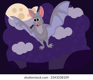 Happy cartoon bat flying in the night