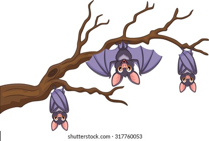 Happy cartoon bat hanging on tree