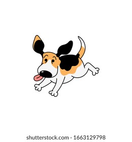 Happy cartoon beagle dog running with tongue out - cute pet animal excited to play jumping in air. Isolated flat vector illustration on white background.