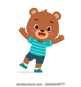 Happy Cartoon Bear Cub Standing and Waving with a Friendly Expression and Casual Outfit
