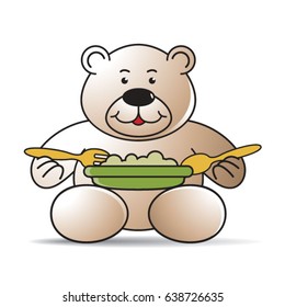 happy cartoon bear eating with fork & spoon in color-vector drawing