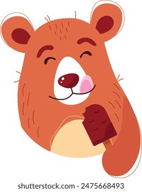 Happy cartoon bear eating ice cream. Cute brown bear illustration enjoying dessert. Childfriendly character sweet treat, isolated white background