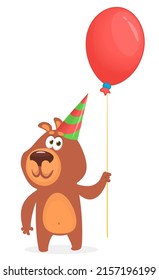 Happy cartoon bear holding red balloon. Vector illustration of brown grizzly bear. Party birthday character design