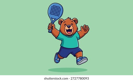 Ein fröhlicher Zeichentrickbär springt und spielt Padel-Tennis. Der Bär trägt ein T-Shirt und eine kurze Hose.