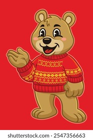 Happy Cartoon Bear Mascot Wearing Christmas Sweater