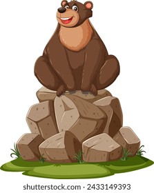 A happy cartoon bear perched atop boulders.