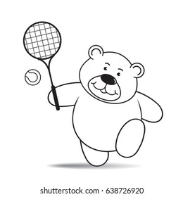 happy cartoon bear playing tennis in black-vector drawing