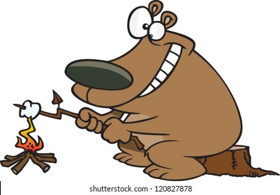 happy cartoon bear roasting marshmallows over a fire