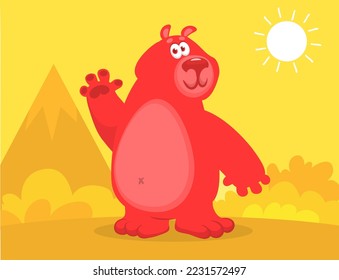 Happy cartoon bear. Vector illustration of brown grizzly bear on colorful nature background