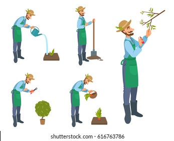 Happy cartoon bearded man watering, cut, treat, sprays, harvests, gardening, cultivate. Set of vector illustrations isolated on white. Gardener with pruning shears, shovel, spray, watering can, basket