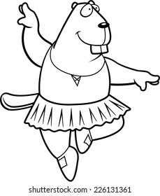 A happy cartoon beaver ballerina in a tutu.