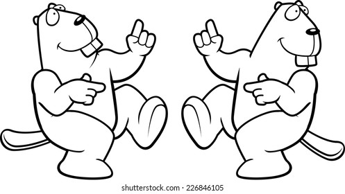 A happy cartoon beaver dancing and smiling.