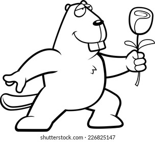 A happy cartoon beaver with a flower.